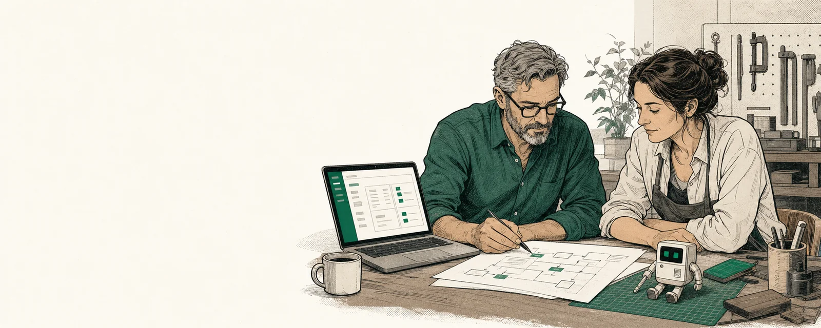 Illustration: Ein erfahrener Softwareingenieur und eine Betriebsinhaberin prüfen gemeinsam einen Arbeitsablauf auf Papier und am Laptop.