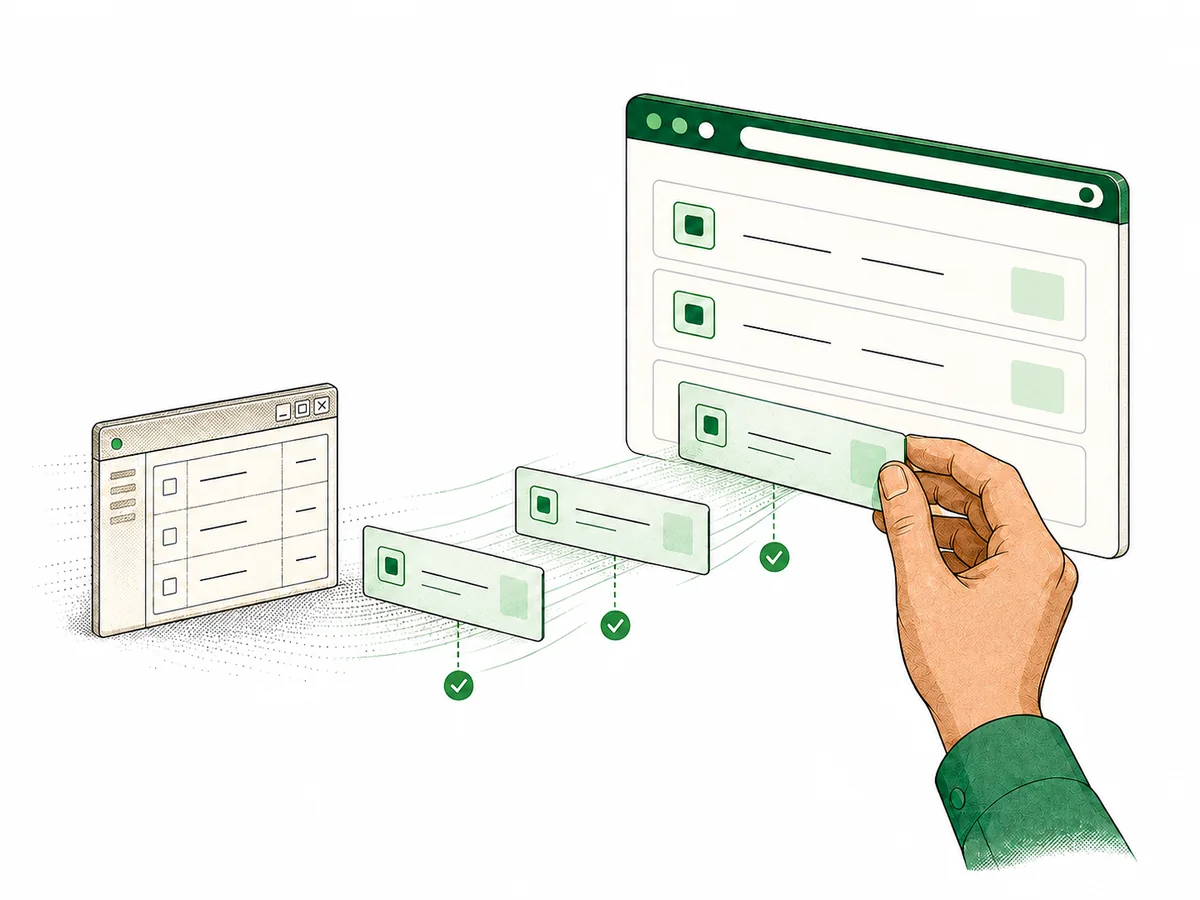Geprüfte Daten werden schrittweise aus einer aktiven älteren Desktop-Anwendung in eine moderne Webanwendung übernommen; eine Hand setzt den letzten Baustein ein.