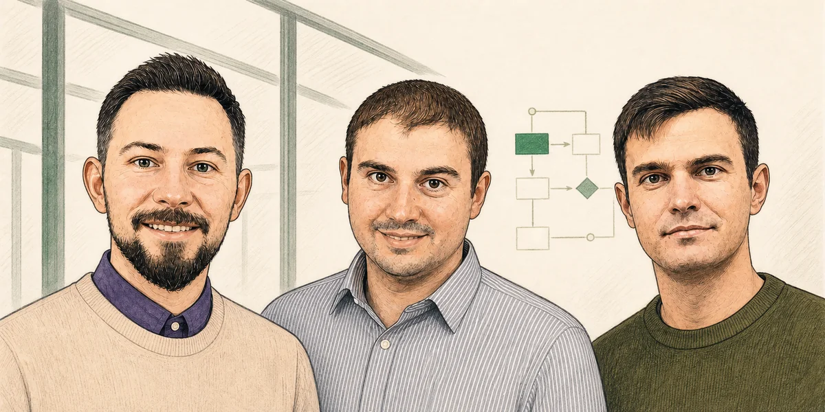 Illustration des dreiköpfigen Softera-Teams in einem modernen Büro.